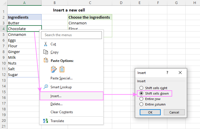 In the items range, insert a new cell.