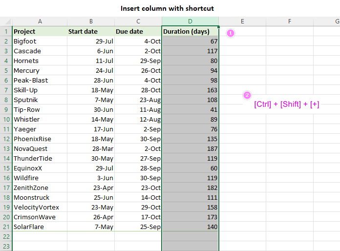 Inserting a new column in Excel with a shortcut