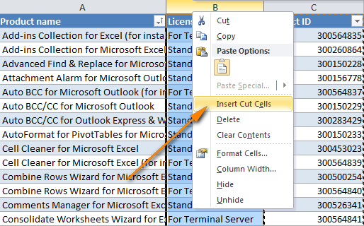 Select the column before which you want to insert the cut column and choose Insert Cut Cells from the pop-up menu.