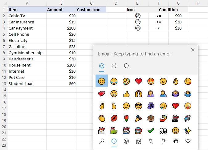 Insert custom icons from the emoji keyboard.