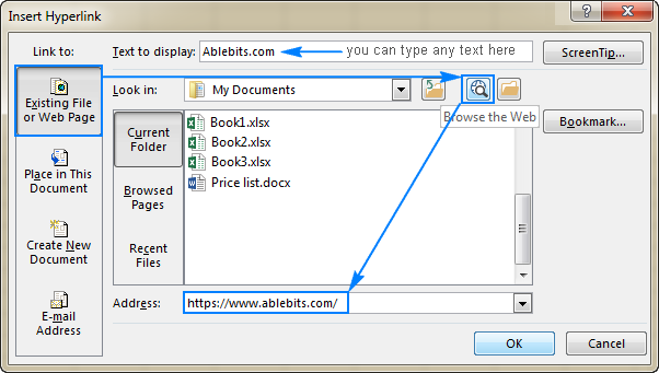 Adding a hyperlink to a web address