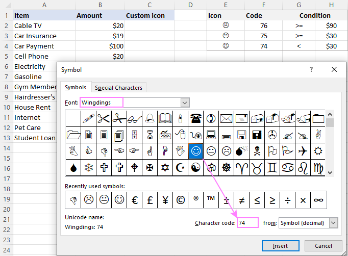 Insert custom icons from the Symbols menu.