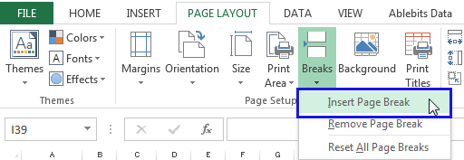 Go to the Page Layout tab, click Breaks in the Page Setup group and select the option Insert Page Break