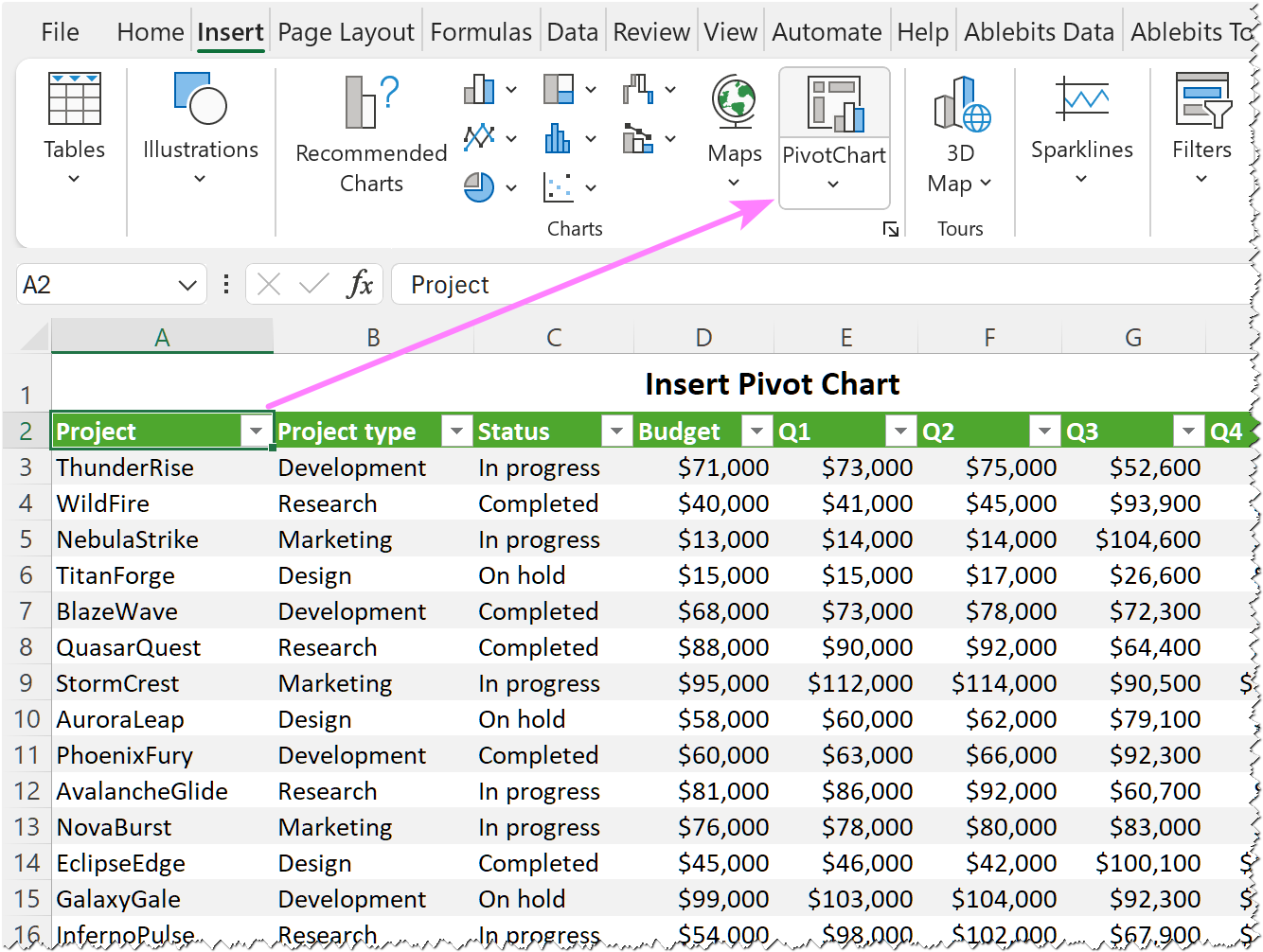 Insert a pivot chart in an Excel sheet.