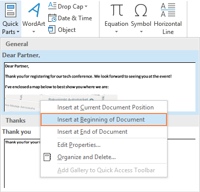 Insert a quick Part at the beginning on an email message.