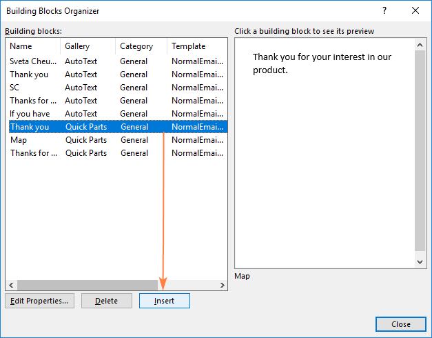 Select a Quick Part in the Building Blocks Organizer