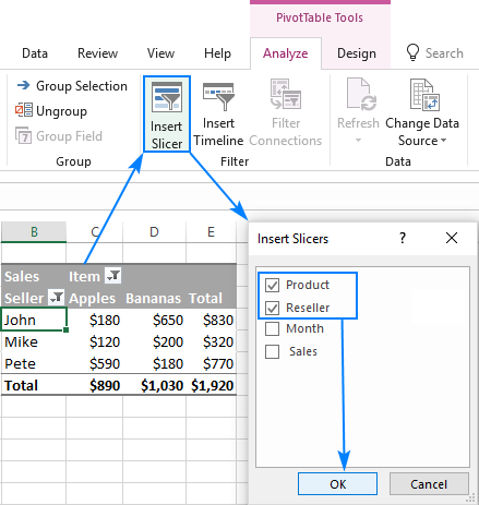 Insert a pivot table slicer in Excel.