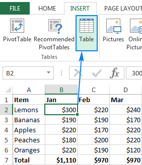 Insert an Excel table with the default style.