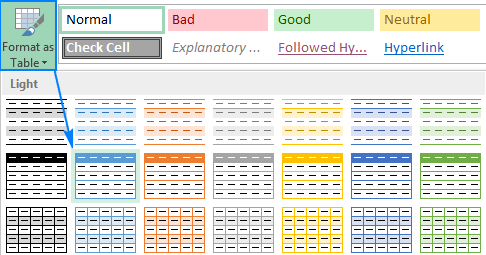 Insert an Excel table with the selected style.