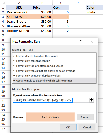 Using ISNUMBER to highlight rows based on a cell value