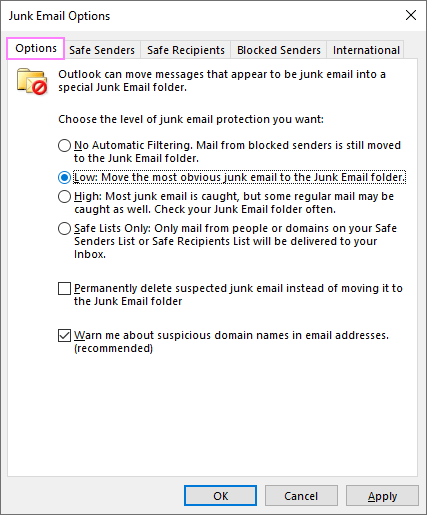Choose the level of junk email protection in Outlook.