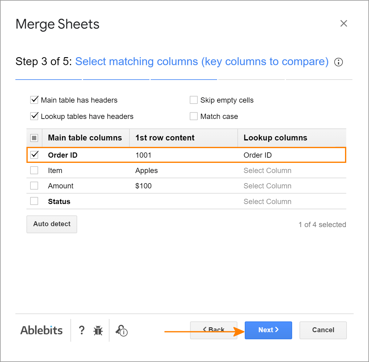 Select one or more key columns to compare.