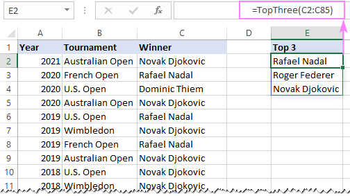 A dynamic array LAMBDA to return top three items in the list