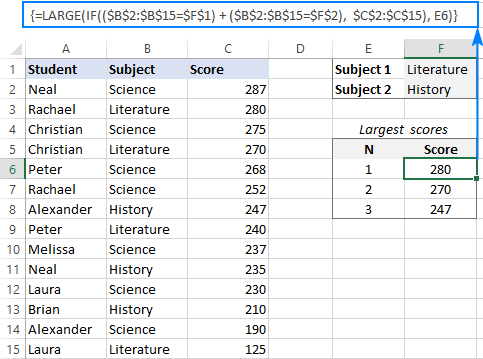 LARGE IF formula to return highest 3 values with OR criteria