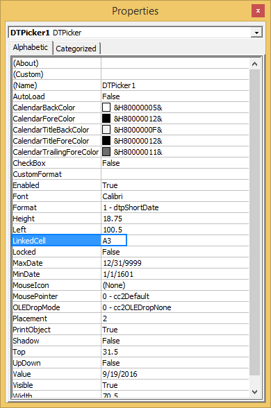 Linking the date picker control to a specific cell