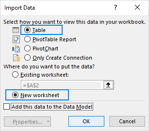 Load the merged table in a new worksheet.