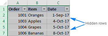 The rows adjacent to hidden rows are marked with a white border.