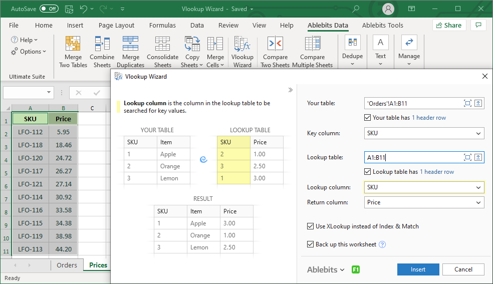 Select the column in the lookup table to be searched for the key values