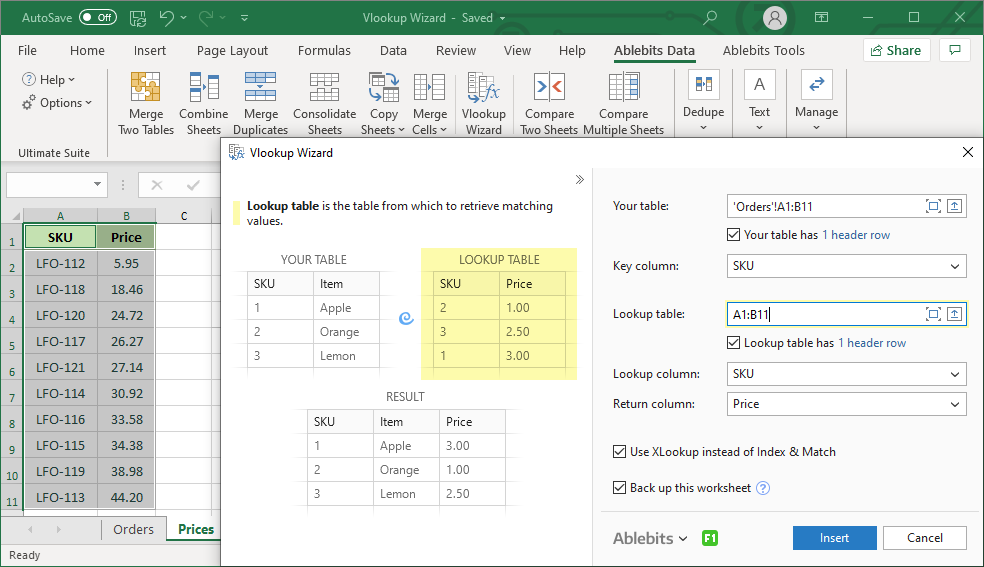 Select the table from which to retrieve the matching values