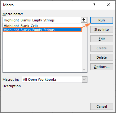 Running a macro to highlight blank cells in Excel