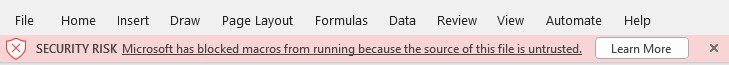 Security warning: Microsoft has blocked macros from running because the source of this file is untrusted.