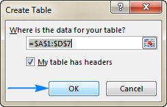 Creating a table in Excel