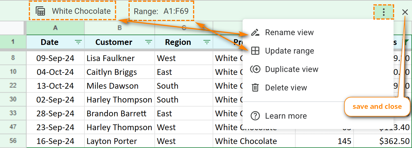 Enabled Google Sheets filter view with all settings available to manage it.