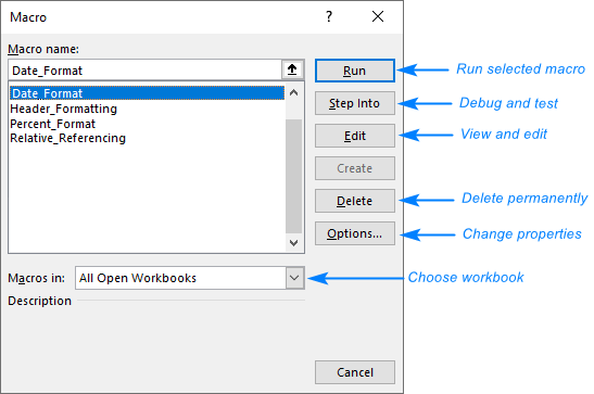 Options available for recorded macros