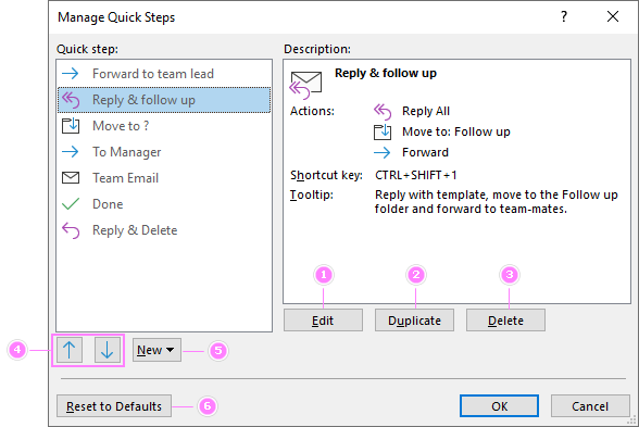 Manage, edit or delete Quick Steps.