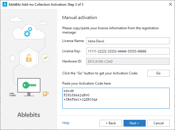 Paste the activation code into the correspondiong field.