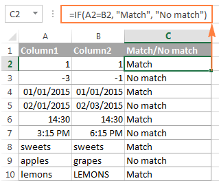 A formula to compare 2 columns for matches and differences in each row.