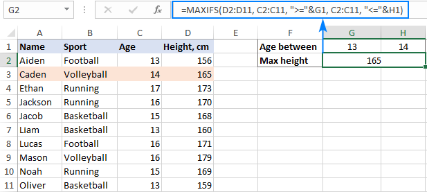 Find the max value with greater than and less than criteria