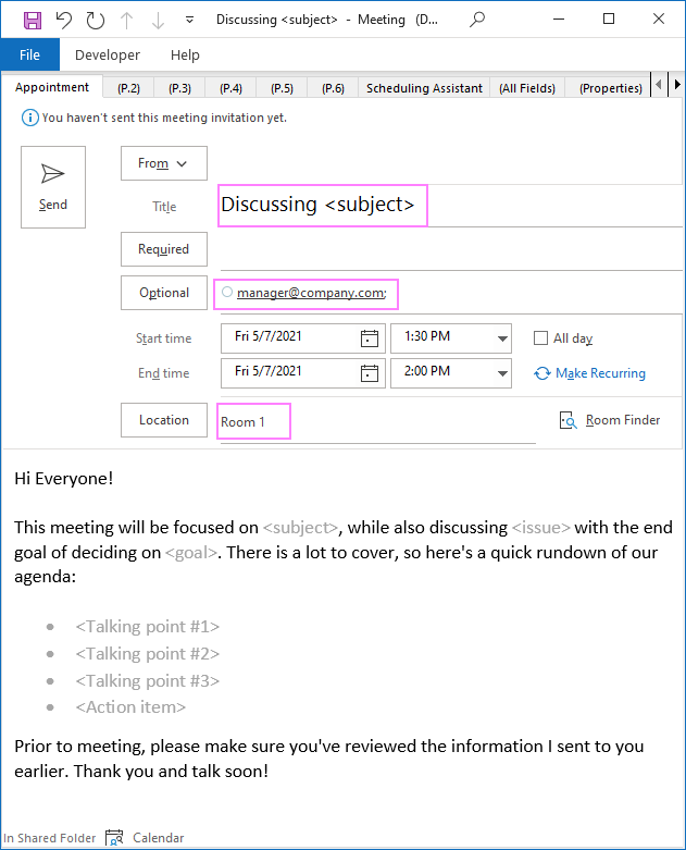 Custom form for a meeting agenda template