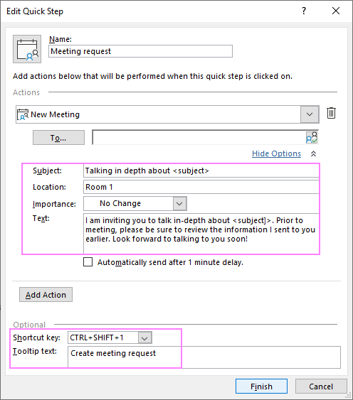 Configuring a quick step meeting template