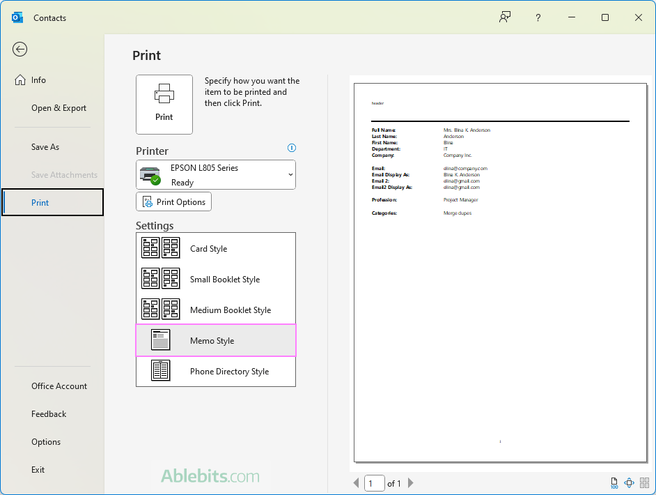 Outlook contacts memo style