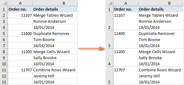 Repeatedly merge blocks of three rows in Excel.