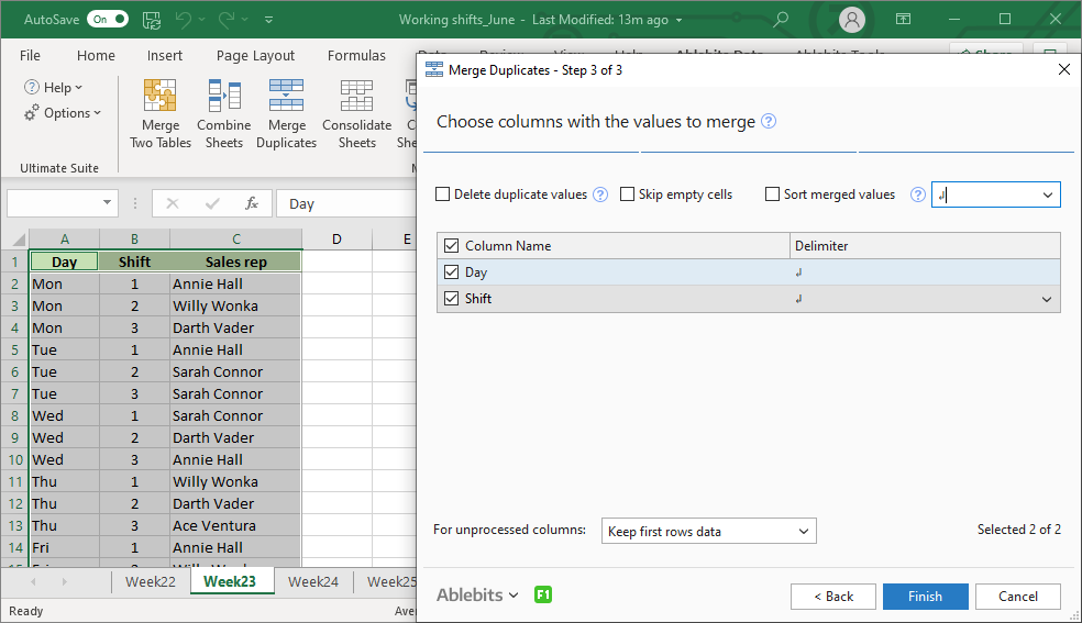 On Step 3 indicate the columns with the values to merge and choose demiliters