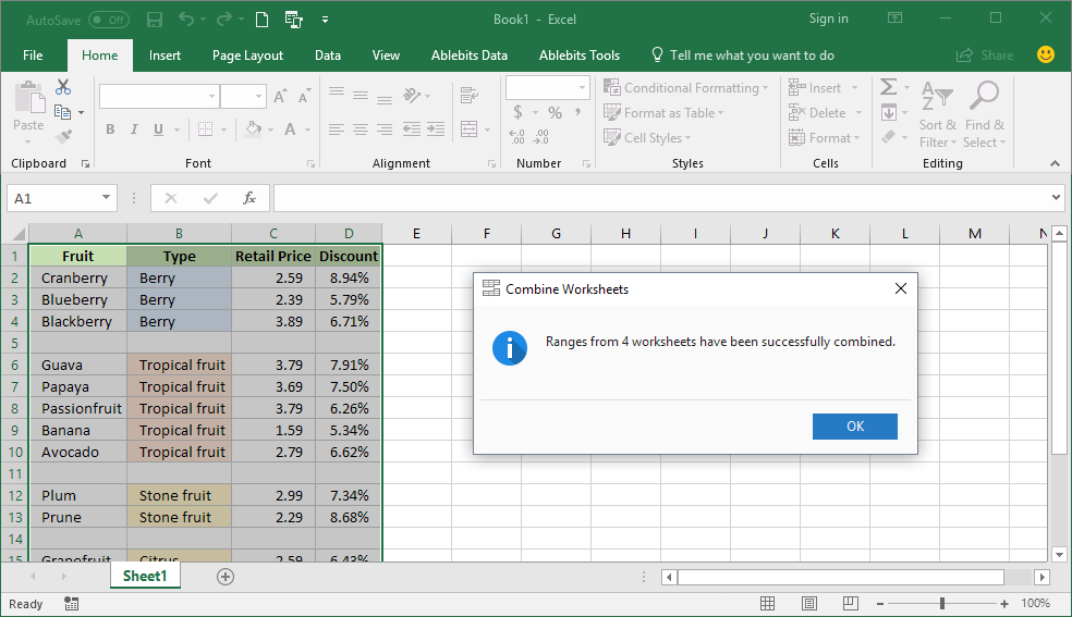 Multiple tables are combined into one according to their column headers