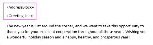 The Address Block and Greeting Line are inserted in a mail merge document.
