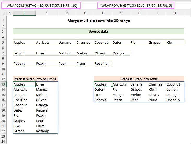 Merge multiple rows into 2D range.