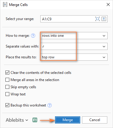 Specify how you want to merge rows and choose the delimiter.