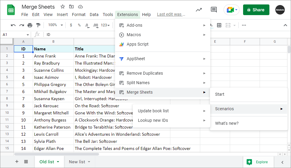 Merge Google sheets automatically using scenarios – saved reusable sets of settings.