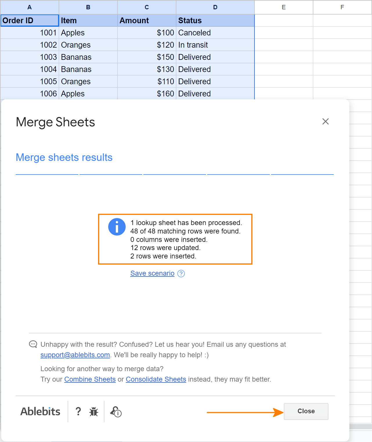 The Merge Sheets results