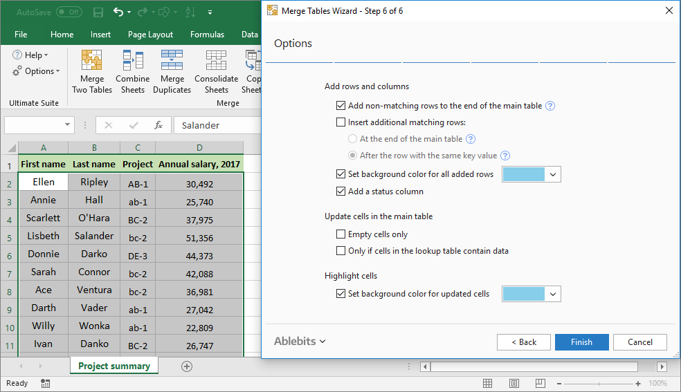 Choose additional options for merging two tables.