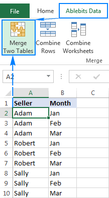 Merge Two Tables button on the Excel ribbon