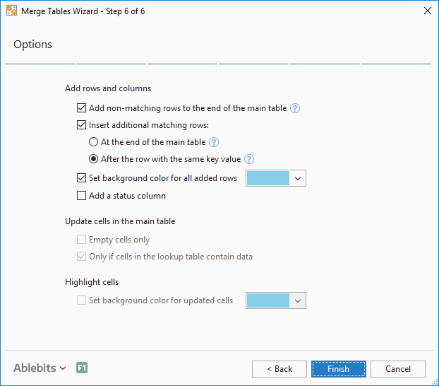 Select additional options to merge your tables.