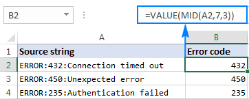 Use the Excel MID function together with VALUE to return a number