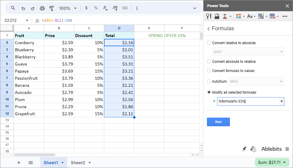 Alter all formulas in the same way at once.