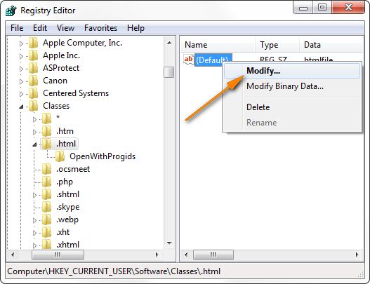 If the Default value is ChromeHTML or FireFoxHTML, change it to htmlfile.