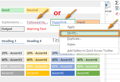 Right-click on Hyperlink or Followed Hyperlink and choose Modify to open the Styles dialog box.